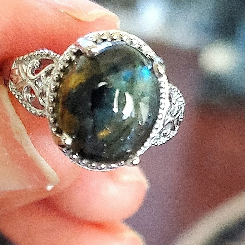 Labradorite Oval Solitaire Ring Platinum Plated